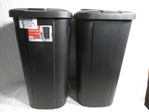 lot 146 image: Set of 2 Hefty 13.3 Gallon Trash Can, Plastic Touch Top Kitchen Trash Can, Black-Damage on Bottoms