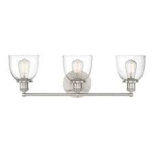 lot 215 image: Home Decorators Collection Evelyn 26.75 in. 3-Light Brushed Nickel Industrial Vanity with Clear Glass Shades