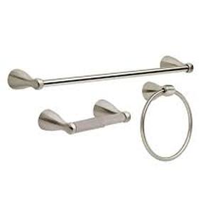 lot 168 image: Delta Foundations 3-Piece Bath Hardware Set with 18 in. Towel Bar, Toilet Paper Holder, Towel Ring in Stainless Steel