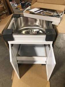 Glacier Bay All-in 1-Stainless Steel 24.1 in. x 21.3 in. Particle Board Drop-In Laundry Sink with Faucet and White Storage Cabinet    Customer Returns See Pictures