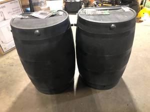 Lot of 2 RTS Home Accents 50 Gal. Rain Barrel Walnut Color with Brass Spigot    Customer Returns See Pictures