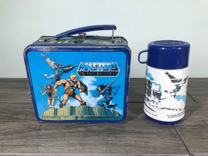 lot 10 image: Collectible 1988 Mattel  Aladin Industries Master of the Universe Metal Lunch Box & Plastic Thermos