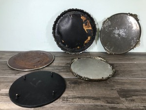 lot 355 image: 5 - Antique Ornate Victorian Plateau Round Floral Footed  Non Footed Vanity Tray Beveled Mirrors