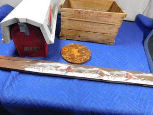 lot 178 image: Wooden Cranberry crate, Barn mailbox, hand painted board and more
