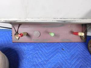 lot 188 image: Vintage shelf, vintage gas can, surge extension cord, boots, mini air auto compressor, and more