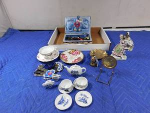 lot 241 image: Flat of sewing box of buttons, teacup, saucers, mini tea set, Bone China lace figurine and more