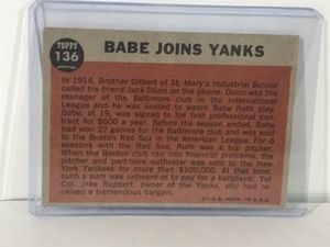 lot 373 image: 1962 Topps Babe Ruth Special - Babe Joins Yanks Baseball Card #136