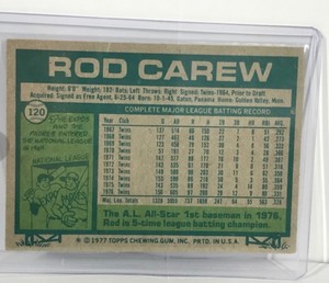 lot 387 image: 1977 Topps Minnesota Twins Rod Carew A.L. All Stars #120 Baseball Card