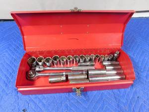 lot 258 image: Metal tool box of sockets and socket wrench