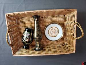 Basket, Asian Decorated Vases and Plate