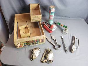 Wood Box, Old Flashlight, Vintage Sprayer, Corn Huskers