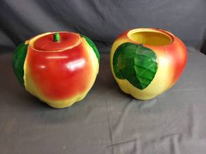 Pair of Apple Cookie Jars - One Missing Lid