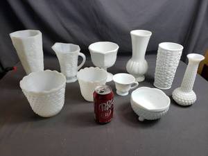 Milk Glass Vases, Bowls, Pitcher and More