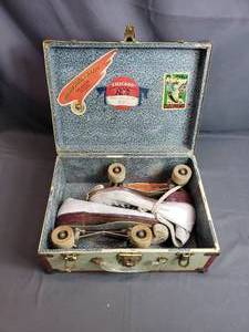Pair of Vintage Roller Skates with Wood Wheels in Case