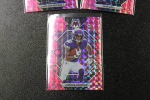 lot 24 image: 2023 Mosaic Camo Pink Prizm Young Star Rookie Card Lot  Jordan Addison - Tank Dell - Zach Charbonnet