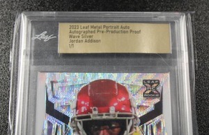 lot 50 image: 2023 Leaf Metal Portrait Pre Production Proof Wave Silver Jordan Addison Autograph Rookie Card 11  Only 1 Exist