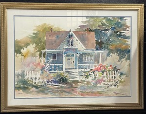 lot 60 image: Cottage Watercolor Matted & Framed