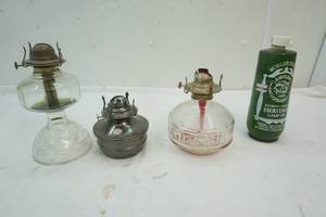 lot 163 image: 3 Oil lamps (no Chimneys) Bottle of Oil