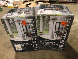 lot 6 image: Lot of 2 Hampton Bay 48000 BTU Stainless Steel Propane Standing Patio Heater   Customer Returns See Pictures