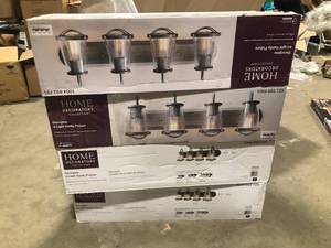 lot 25 image: Home Decorators Collection Georgina 30 in. 4-Light Weathered Iron Industrial Rustic Vanity with Clear Seeded Glass Shades and Cage Accents  Customer Returns See Pictures