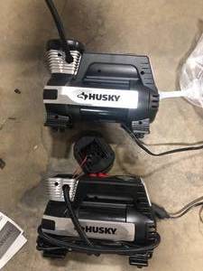 lot 27 image: Lot of 2 Husky 12-Volt Corded Electric Inflator for cars, motorcycles, and bicycle tires  Customer Returns See Pictures