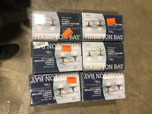 lot 33 image: Lot of  Home Decorators Collection Glenhurst 16 in. 2-Light Industrial Farmhouse Brushed Nickel Bathroom Vanity Light Fixture with Metal Shades Customer Returns See Pictures