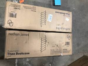 lot 38 image: Lot of 2 Nathan James Theo Nutmeg Brown Wood 6-Shelf Tall Ladder Bookcase Wall Mount Bookshelf Matte Black Metal Frame Customer Returns See Pictures