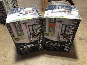 lot 50 image: Lot of 2 Hampton Bay 48000 BTU Stainless Steel Propane Standing Patio Heater Customer Returns See Pictures