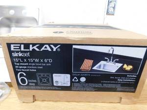 Elkay 15 Drop-in Single Bowl Bar Sink W Faucet, Strainer Basket, NEW