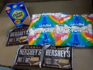 lot 146 image: 1 Box Honey Maid Graham Crackers, 4 bags Jet Puffed Marshmallows and 3 - 6 packs Full Size Candy Bars