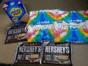 lot 147 image: 1 Box Honey Maid Graham Crackers, 4 bags Jet Puffed Marshmallows and 3 - 6 packs Full Size Candy Bars