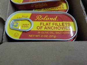 lot 195 image: 100 - 2 oz Tins Roland Flat Anchovy Fillets in Olive Oil Best by 08162023