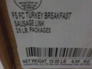 lot 297 image: H 10 lb. Box Frozen Turkey Breakfast Sausage Links