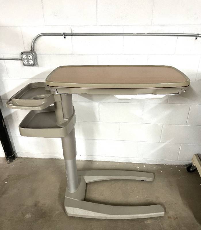 MSRP $3000 Top Of The Line &amp&nbspAward Winning Stryker Trufit Slide Open Split Top Height Adjustable Overbed Table With Slide Out Vanity Mirror Plus Two Tier Side Storage &amp Drink Cup Holders - Excellent Condition