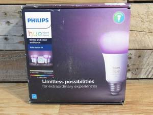 lot 140 image: Philips Hue White and Color Ambiance A19 LED 60W Equivalent Dimmable Smart Wireless Lighting Starter Kit (4 Bulbs and Bridge)