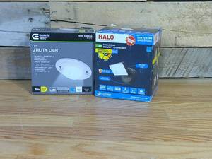 lot 178 image: HALO TGS 120-Watt 90° Bronze Outdoor Integrated LED Flood Light with Dusk to Dawn & Commercial Electric 5 in. Closet Utility Light Lampholder Switch Controlled LED Flush Mount 650 Lumens 7-Watt 4000K Bright White