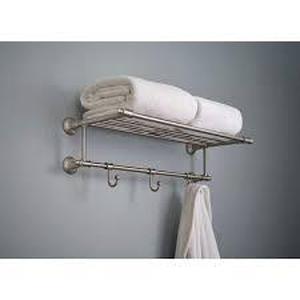 lot 210 image: Delta Hospitality Extensions 24 in. Train Rack Shelf with 3 Hooks Bath Hardware Accessory in Brushed Nickel