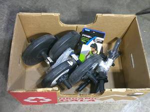lot 233 image: Five Pro Strength Dumbell Handles, Four 5 lb Weights & One Reflective Vest