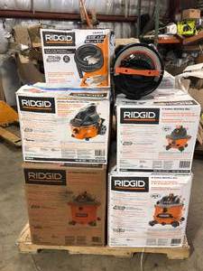 Pallet of Ridgid WetDry Shop Vacs and Accessories  Various Models and Conditions Customer Returns See Pictures