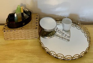 lot 130A image: Beautiful Mirrored Vanity Tray with Handheld Mirror, Perfume and More