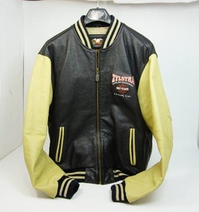 lot 1 image: Mens Large Leather Coat Zylstra Harley Davidson Elk River Minnesota Black with Tan Sleeves Letterman Bomber Jacket...