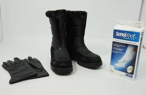 lot 48 image: Womens Brown Leather Gloves, Black Sporto Thermo-Lite Winter Boots Size 8-12, Sensi-foot Large White Diabetic Knee Socks