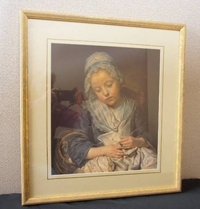 lot 63 image: Vintage Art Print Young Knitter Asleep By Artist Jean-Baptiste Greuze (1725-1805)