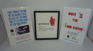 lot 78 image: Poster Art Framed Unframed-Sealed Growlery, Tom Virgin Extra Virgin Press Book Fair Poster, I Dont Know if the Bird You Are Holding is Dead...