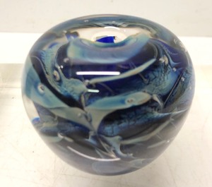 lot 111 image: Small Hand Blown Signed Round Blue Art Glass Vase