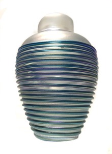 lot 112 image: Small Hand Blown Signed Ribbed Blue Art Glass Vase 