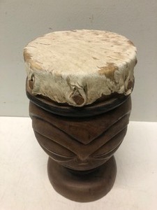 lot 141 image: Great Looking Vintage Carved Wood & Animal Hide Tribal Drum wFaces