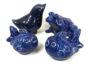 lot 151 image: Group of Blue Glazed Ceramic Frog, Fish & Birds