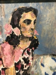 lot 163 image: Mid Century 1950s era Oil on Canvas Portrait Painting - Seated Woman in a Dress