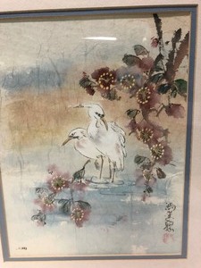 lot 168 image: Framed Signed Original Oriental Painting wCranes